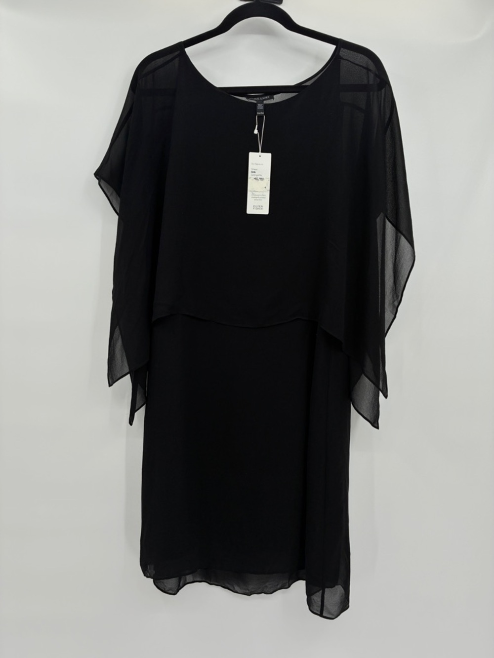 Eileen Fisher Black Silk Georgette Knee Length Cape Dress Medium Petite NEW